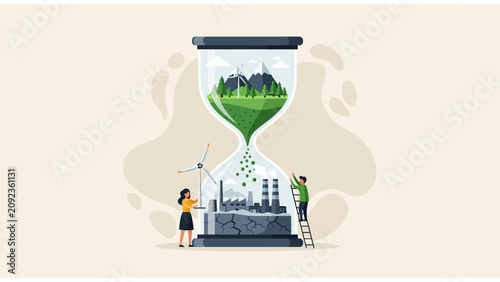 Climate Change Concept Hourglass Transitioning Green Nature into Industrial Pollution with People Working. Ideal for environmental awareness campaigns and sustainability reports.