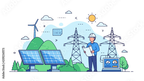 Sustainable Energy Concept featuring engineer with blueprint near solar panels, wind turbine, and power lines. Ideal for green energy presentations and environmental sustainability blogs.