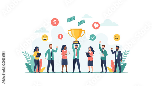 Business Team Success with diverse professionals celebrating holding a gold trophy and financial icons, ideal for corporate presentations and motivational marketing.