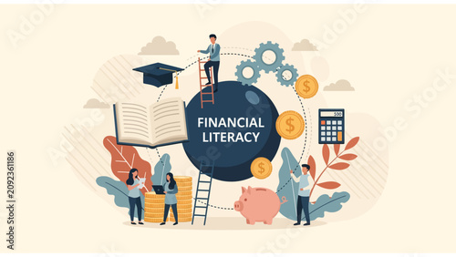 Financial Literacy Concept featuring diverse people with money icons and educational symbols ideal for banking blogs and wealth management presentations.