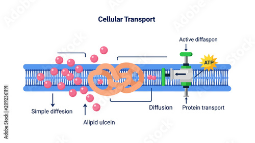 Cellular Transport Diagram showing cell membrane processes including simple diffusion and active transport with ATP, ideal for biology education and scientific textbooks.