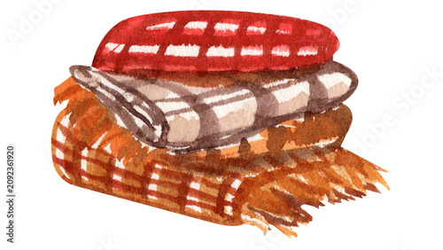 Fotografie Watercolor painting of a cozy stack of folded autumn plaid blankets isolated on