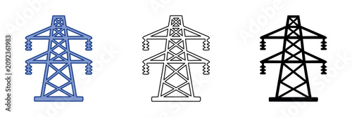 Fotografía Set of three stylized pylon icons in blue, outline, and black solid styles