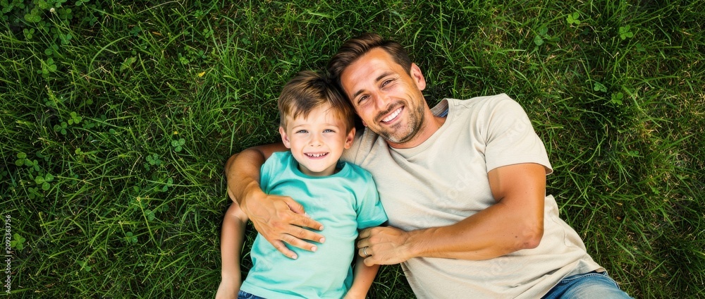 Fototapeta premium Joyful father and son lying on green grass together, smiling at camera, enjoying precious moments of bonding, happiness, love, and connection in nature