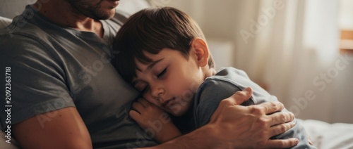 Heartwarming moment of a father holding his son in a cozy indoor setting, capturing the bond of love and safety in a serene atmosphere