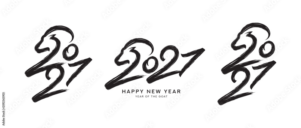 Fototapeta premium Calligraphy symbols of Chinese New Year 2027. Silhouette of goat head combining with 2027 number. Trendy ink calligraphy style labels. Vector symbols of Year of the Goat for branding, holiday, ads.