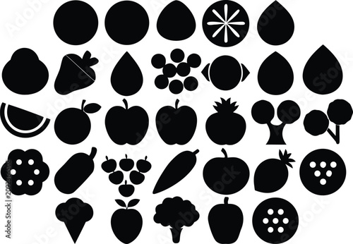 Black silhouette icons of fresh fruits and vegetables set isolated on transparent background, Vector