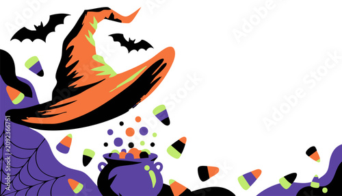Photos Trick or treat horizontal sale template with vibrant orange-purple-green colors