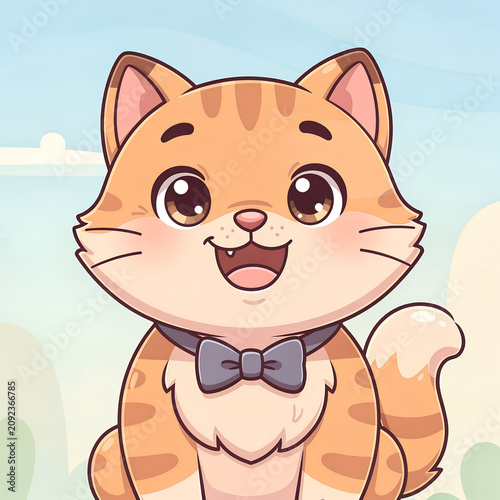 Cute cartoon cat with a bow tie happily smiling against a pastel background