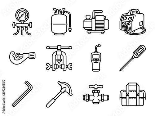 HVAC System Installation and Maintenance Tools Line Icons Set