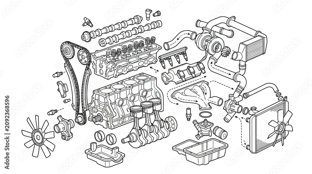 Obraz premium Dynamic Exploded View Diagram of Car Engine Cooling System Components in Monochrome Line Art with high quality professional line art symbols for modern creative design and digital branding projects