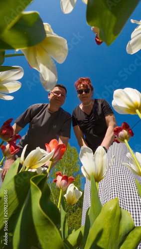 Couple looking down into camera through tulips