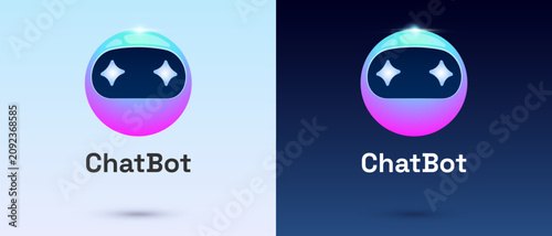 Cute 3D AI chatbot icon vector. Blue futuristic robot character mascot sphere head illustration. Friendly virtual assistant smart customer support service tech element.