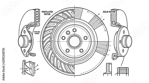Canvastavla Elegant Cross Sectional Diagram of Ventilated and Solid Brake Rotors with Coolin