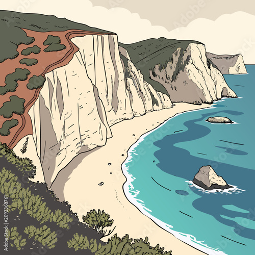 Canvastavla Illustration of a coastal cliff with a beach and clear water cliff face coastal