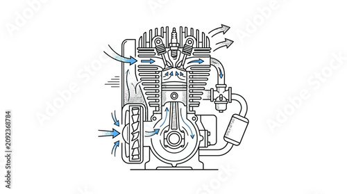 Foto Industrial of a Cross Sectional Internal Combustion Engine with Flow Arrows and