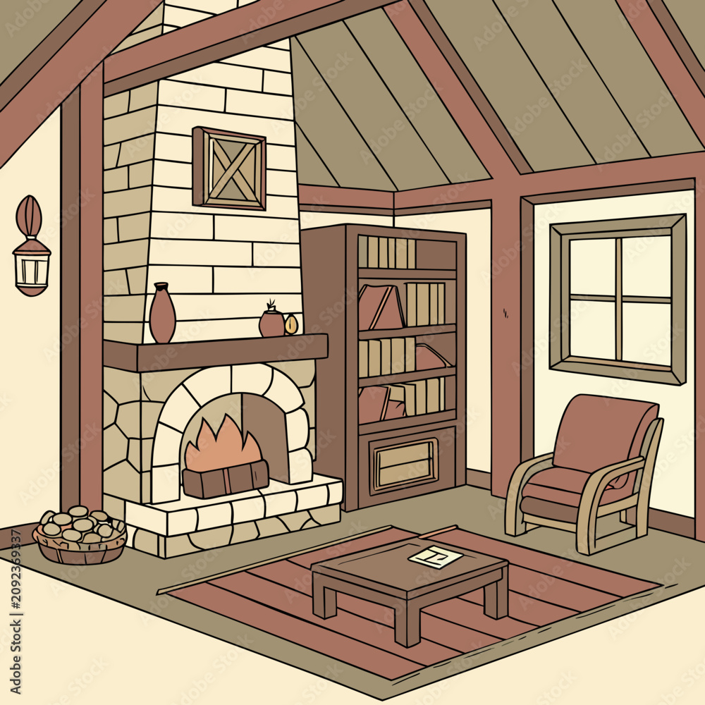 Obraz premium Cozy living room with a stone fireplace and a bookshelf fireplace bookshelf interior relaxation