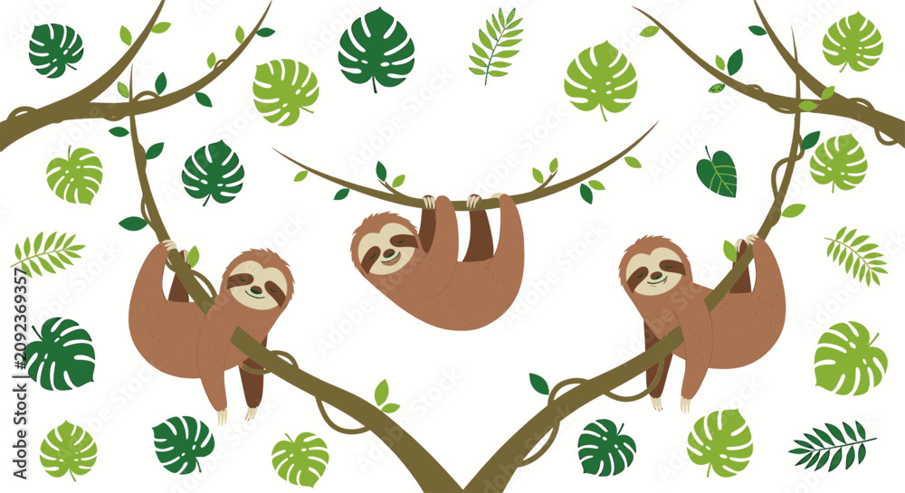 Obraz premium Cute Sloths Hanging on Jungle Tree Branches Vector Illustration
