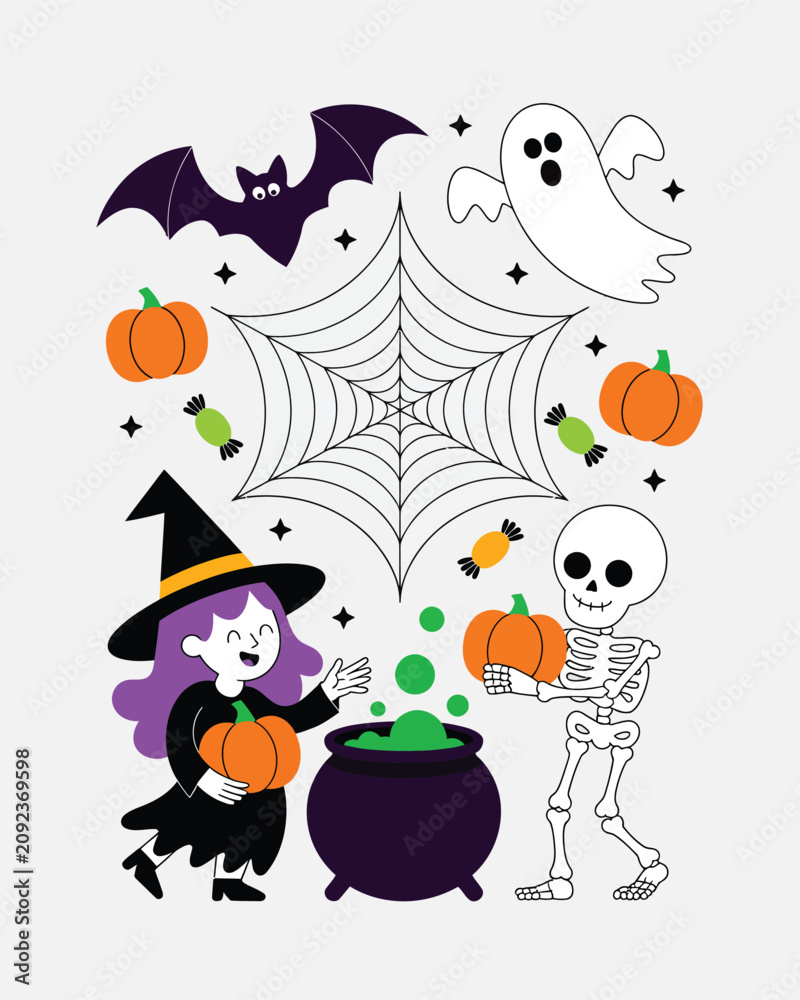 Naklejka premium Friendly witch and skeleton with ghost, bat, pumpkins, cauldron, and candies on Halloween