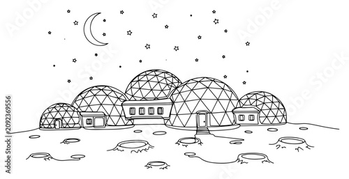 Tableau sur toile Space colony moon base with geodesic dome houses under night sky continuous line