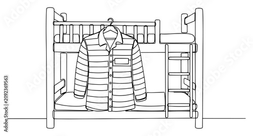 Photos Prison cell bunk bed with striped prisoner uniform shirt continuous line art, ja