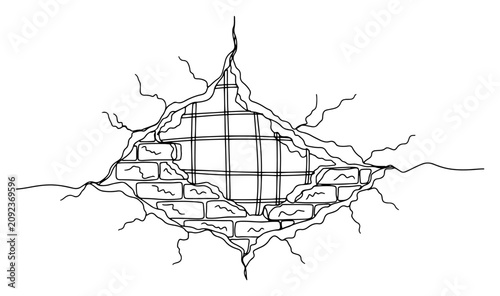 Broken brick wall with rebar reinforcement continuous line art, damaged building construction and renovation concept vector illustration