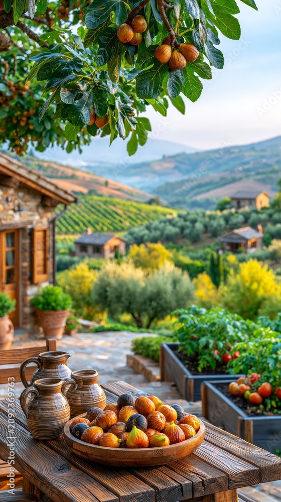 Obraz premium Rustic countryside home overlooking a lush fig orchard and vegetable garden with freshly harvested figs, capturing sustainable farming and Mediterranean rural living.