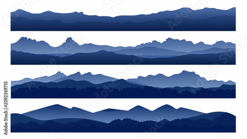 Bild auf Leinwand Four horizontal layers of blue mountain range silhouettes against a white backgr