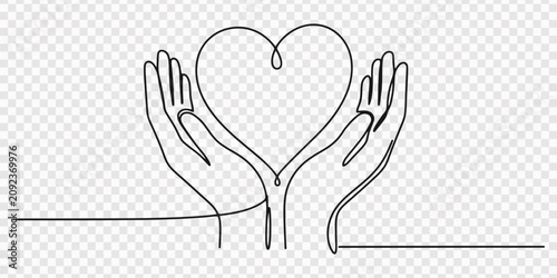 Two hands holding heart shape created with single line, none editable strokes, Two hands making a heart shape continuous line art, Continuous one line drawing of two hands protecting a heart shape 