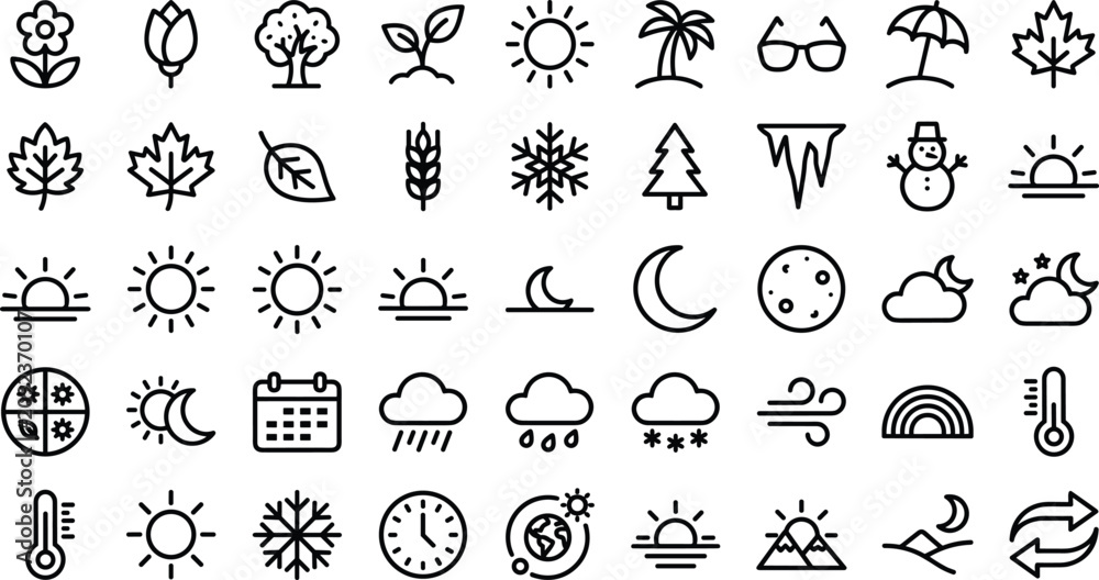 Fototapeta premium Seasonal weather forecast meteorology and natural environment climate line icon set isolated on white background.