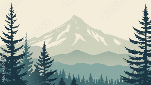 Stylized illustration of a mountain range with coniferous trees against a pale green backdrop alpine ascent contour