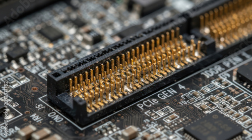 Close up of a computer motherboard PCI Express slot connector.