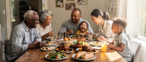 Joyful Family Gathering Around a Dining Table Enjoying a Delicious Meal Together, Sharing Laughter and Bonding Moments During a Festive Occasion