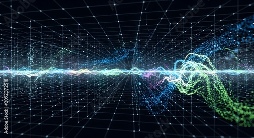 Futuristic digital matrix background with colorful light waves representing advanced quantum computing.