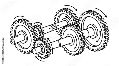 Obraz na płótnie Minimalist Black and White Gear Mechanism Diagram with Rotational Arrows and Int
