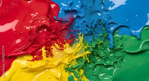 Abstract paint splash background with vibrant red blue yellow and green colors mixing on flat surface.