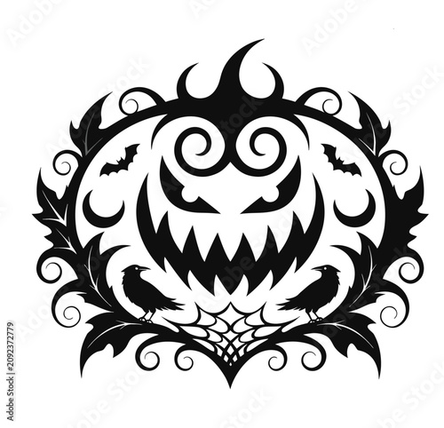 Halloween Ornament With Jack o lantern Face And Ravens Black Silhouette
