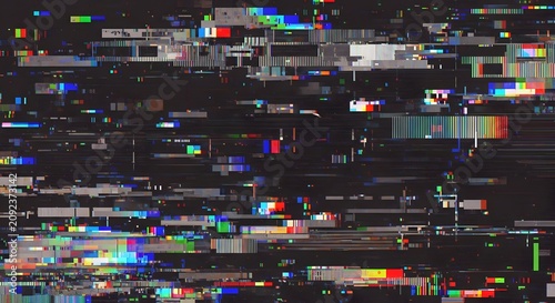 Digital glitch texture with colorful rectangular noise and horizontal distortion on dark background.