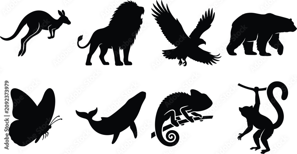 Obraz premium Wild Animal Silhouette Collection with Lion Bear Eagle Kangaroo Whale Butterfly Chameleon and Monkey Black Vector Set