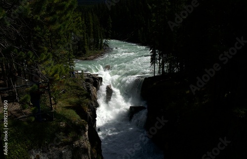 Fotografie Sunwapta Falls Rushing Powerfully into a Deep Rock Chasm in Jasper National Park