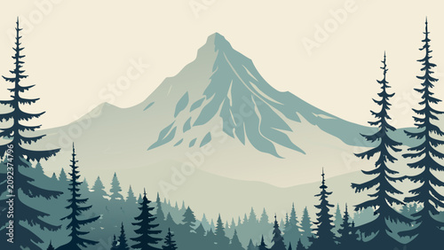 Εκτύπωση καμβά Stylized mountain illustration with coniferous trees and layered peaks against a