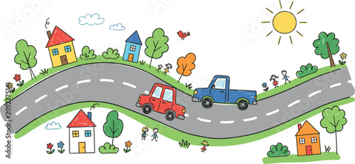 Slika na platnu Cute Kids Doodle Style Winding Road Vector Illustration with Cartoon Cars Houses
