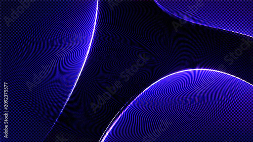 Glowing Blue Light Streaks in Dark Abstract Tunnel with Reflective Curved Walls