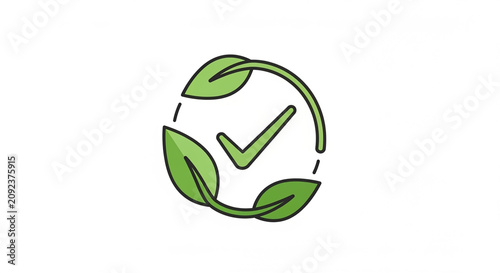 Eco friendly check mark icon with green leaves in a circular line art style