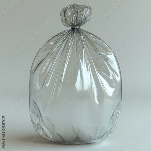 A shiny clear bag filled with waste stands upright against a plain surface in good light