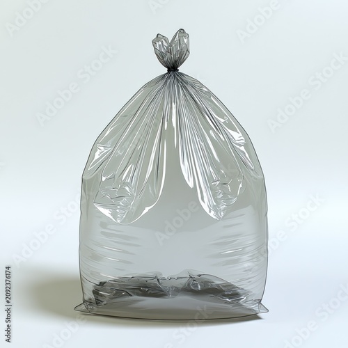 Shiny black garbage bag filled with various contents rests on a smooth bright backdrop