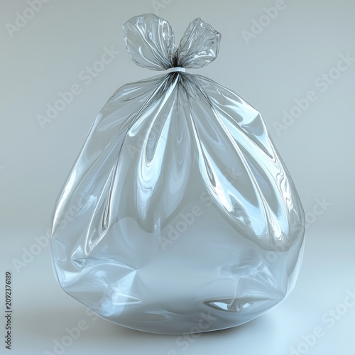 A shiny plastic bag filled with discarded items sits on a surface awaiting collection