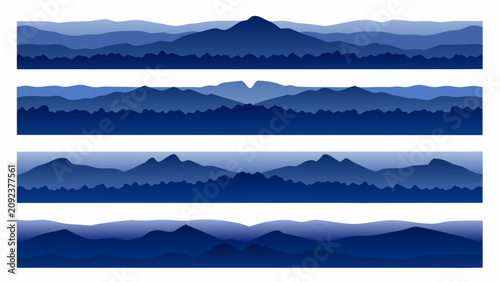 Foto Blue mountain range silhouettes arranged in four horizontal bands against a whit