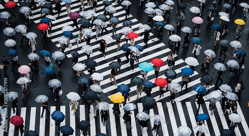 Pedestrians with colorful umbrellas crossing busy city street in heavy rain