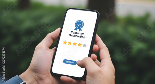 Hands Holding Smartphone Displaying A Four Star Customer Satisfaction Survey Rating And Feedback Form Interface